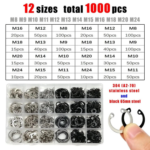 Beefy Heavy Duty Retaining Ring Kit 1000 pcs 8-24mm Internal C Type Circlip Stainless Steel 304 for Locking Bearings