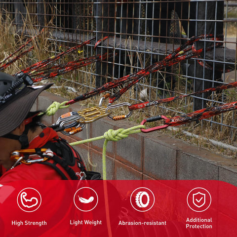 Cobra 60kN Round Sling And Safety Lanyard With Wear Resistant Cover in use for climbing safety, showcasing strength and durability features.