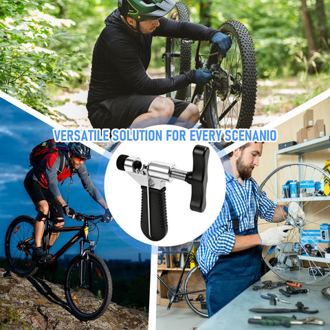 Collage of cyclists and mechanic using Bike Chain Repair Tool Set With Chain Breaker Splitter For Easy Quick Fix On The Go.