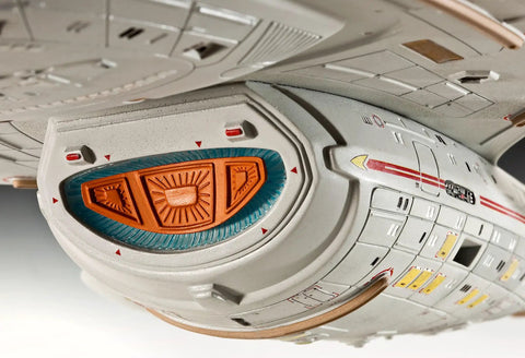 Close-up of U.S.S. Voyager 1:670 Scale Unassembled Unpainted Plastic Model Kit showing detailed surfaces of Intrepid-class hull.