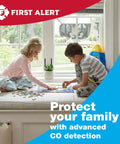 Two children playing near a window with Plug In Carbon Monoxide Detector 3 Pack With Battery Backup For Home Safety visible.