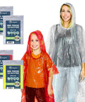 Family Rain Poncho Set with woman in clear poncho and child in red poncho, product packaging visible, ideal for all-weather use.