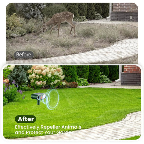 Solar Ultrasonic Animal Repeller With Motion Sensor Light For Yard Garden Lawn, Deterrent For Deer Squirrels Cats Raccoons Rabbits And Dogs, Easy Setup Eco Friendly Power 110 Degree Infrared Sensor 25 To 30 Ft Range; before and after yard view