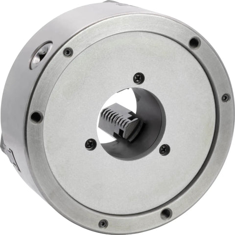 8 Inch 3 Jaw Self Centering Lathe Chuck With D1 6 Camlock Backing Plate in steel, focusing on the reversible jaws and through-hole