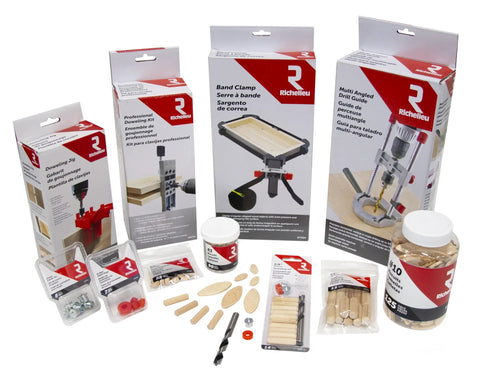Richelieu R77229 multi-angled drill guide attachment kit, silver; front view with boxes and doweling accessories