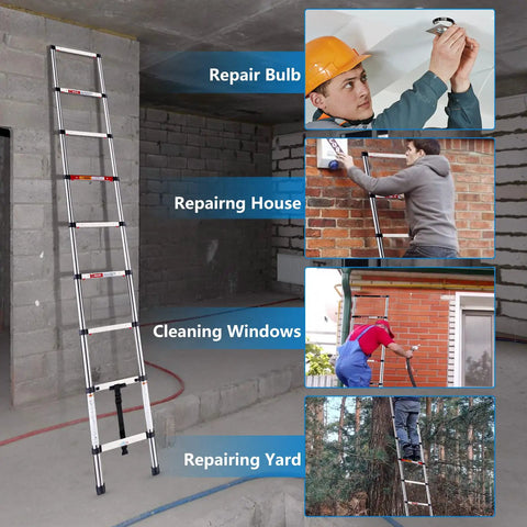 Stainless Steel Telescoping Ladder 8.5 Ft With One Button Retraction shown in various home use scenarios.