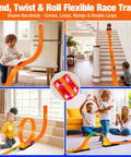 Kids playing with Flexible Roll Up Race Track For Kids Outdoor Toys Portable DIY Race Car Track Lets 1 64th Diecast Cars Race Anywhere Suction Cup Setup Great Gift For Boys And Girls Ages 3 And Up indoors