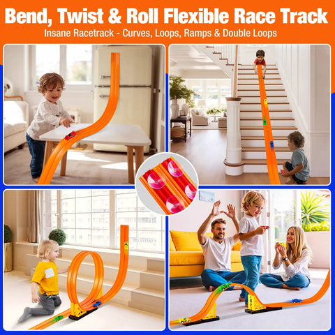 Kids playing with Flexible Roll Up Race Track For Kids Outdoor Toys Portable DIY Race Car Track Lets 1 64th Diecast Cars Race Anywhere Suction Cup Setup Great Gift For Boys And Girls Ages 3 And Up indoors