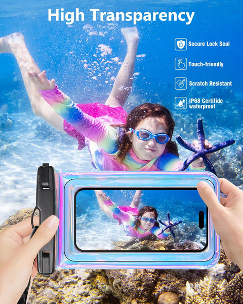 Floating IP68 Waterproof Phone Pouch With Lanyard Waterproof Case Fits Up To 7 Inch Screens For iPhone 17 16 15 14 Pro Max And Samsung S26 S25 S24 Beach Day Must Have In Dazzling Purple, underwater view with snorkeler and coral background
