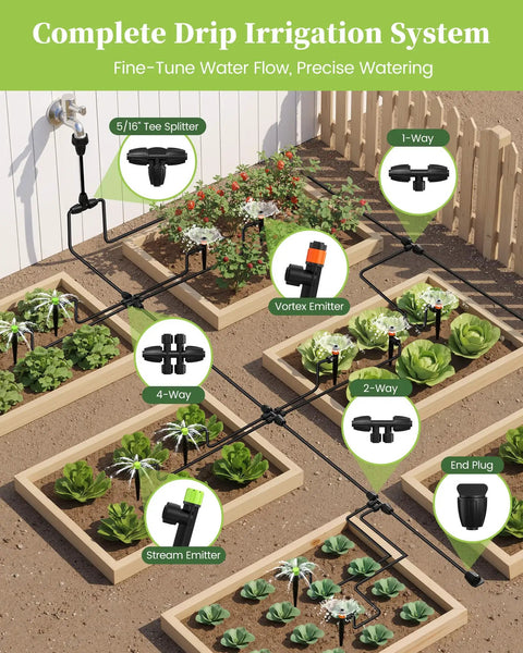 Complete drip irrigation system with quick connect garden watering kit featuring two adjustable emitters for raised beds.