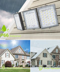 Heavy Duty Outdoor LED Flood Light 150W 13500LM 6000K Daylight White With 3 Adjustable Heads IP66 Waterproof mounted on a house
