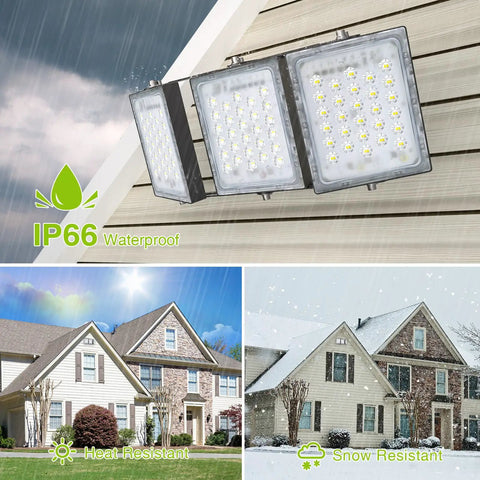 Heavy Duty Outdoor LED Flood Light 150W 13500LM 6000K Daylight White With 3 Adjustable Heads IP66 Waterproof mounted on a house