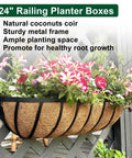 Rock Solid Metal Railing Planter Two Pack 24 Inch Rust Proof Window Box With Natural Coco Liner mounted with flowers on deck