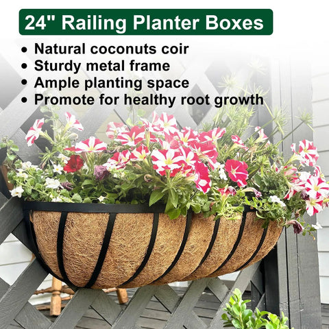 Rock Solid Metal Railing Planter Two Pack 24 Inch Rust Proof Window Box With Natural Coco Liner mounted with flowers on deck