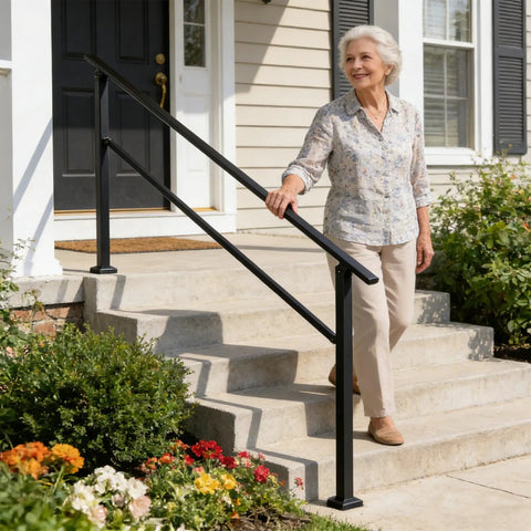 Heavy Duty Outdoor Handrails For 5 Step Exterior Stairs Solid Wrought Iron Railing With Crossbar Support Rust Proof Metal Guardrail, porch use.