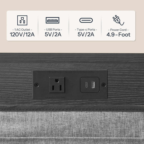 Power outlets on C Shaped End Table With Built In Charging Station For Small Spaces 28 Inch Tall Couch Side Table With 2 Tier Storage Pouch