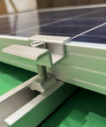 Close-up of Heavy Duty Solar Panel Mounting Kit With Rails And Clamps For Tin Or Flat Roofs, 4 Panel Row Assembly, Aluminum Alloy Rails