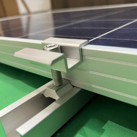 Close-up of Heavy Duty Solar Panel Mounting Kit With Rails And Clamps For Tin Or Flat Roofs, 4 Panel Row Assembly, Aluminum Alloy Rails