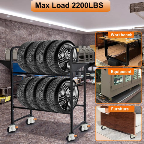 Heavy Duty Leveling Stem Casters Set of 4 with M12 Threads and Retractable Wheels, holding tires in workshop setting.