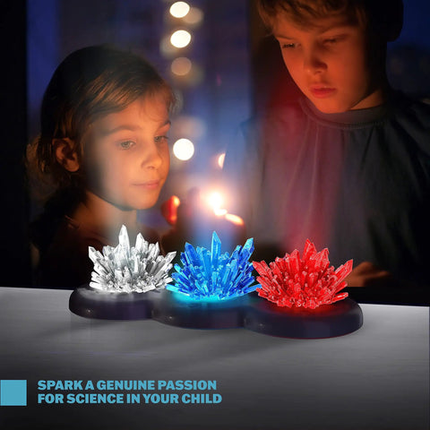 Glow In The Dark Crystal Growing Kit For Kids Ages Eight To Twelve With LED Light Up Display with three crystal clusters