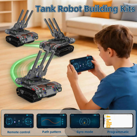 Child using app to control 5-In-1 RC Tank Robot Building Set With 389 Pieces Transformable WW2 Military Vehicle Kit in living room