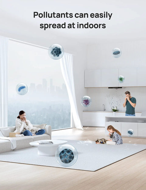 Living room with people affected by indoor pollutants, illustrating need for Replacement Filter For Macro Max S Air Purifier 3 In 1 Ultra Fine Pre Filter With High Efficiency Activated Carbon Keeps Your Home Air Clean From Pet Hair Dust Smoke And Pollen For Fresher Indoor Air.