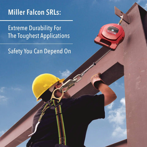 Worker using Falcon 30-Foot Self Retracting Galvanized Wire Lifeline With Swivel Carabiner And Snap Hook Red MP30G-Z7/30FT on beam