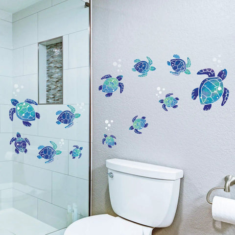 12 Pcs Sea Turtle Wall Decals Set Ocean Turtle Vinyl Stickers For Bathroom Kitchen Nursery And Office Waterproof Underwater Wall Art Decor For Home Blue on bathroom wall above toilet