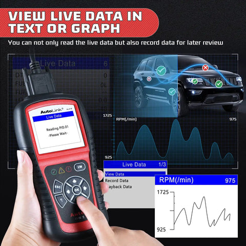 AL519 Enhanced OBD2 Scanner Car Diagnostic Tool With Check Engine Code Reader And CAN Scan Dope Upgrade From AL319 Works On 1996 And Newer US Vehicles showing live data display with graph and screen.