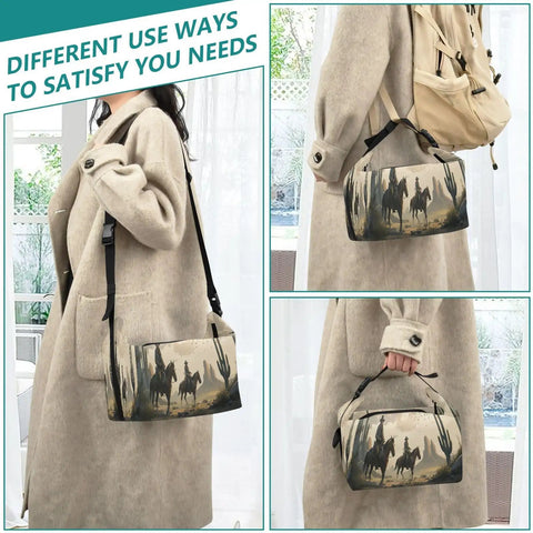 Cowboy Desert Themed Insulated Lunch Bag Tote for Women and Men carried in different ways, showcasing leakproof lunch box with high capacity.