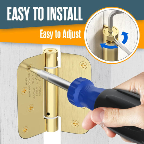 Spring Loaded Self Closing Door Hinges 4 Inch Auto Close Kit With Adjustable Tension Brass installed on door with screwdriver