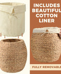 Wicker Storage Basket With Lid For Living Room Large Blanket Organizer Handwoven Water Hyacinth With Removable Cotton Liner