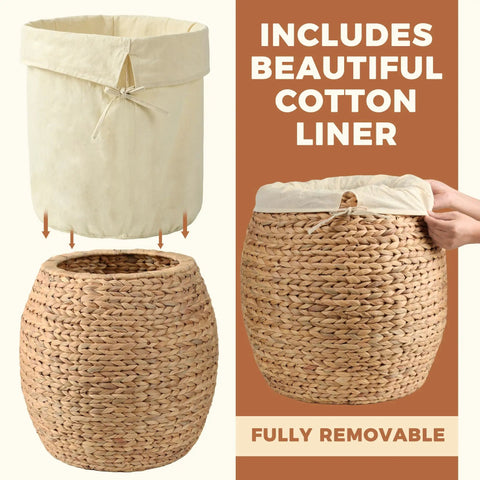 Wicker Storage Basket With Lid For Living Room Large Blanket Organizer Handwoven Water Hyacinth With Removable Cotton Liner