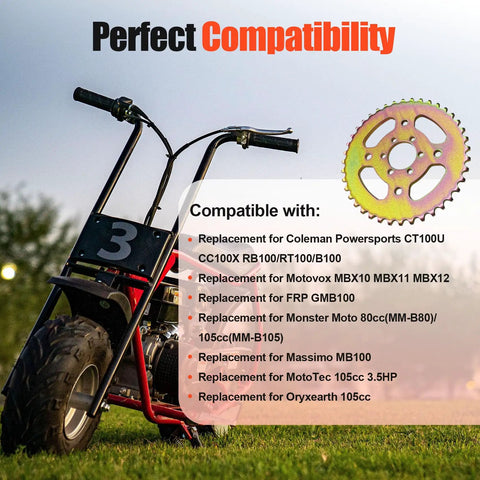 40T High Speed Rear Chain Sprocket 6 Hole 37mm Bore For 420 Chain Fits Mini Bikes, shown next to compatibility list and minibike