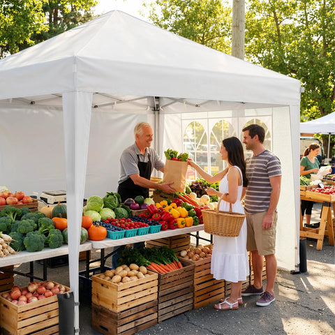 Market stall under Easy Up 10x10 Pop Up Canopy With Sidewalls One Push Instant Setup In A Snap No Tools Needed, selling produce.