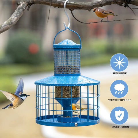 Blue metal squirrel-proof bird feeder with 2.8 lb seed capacity and cage tube tray, hanging outdoors, attracting songbirds.
