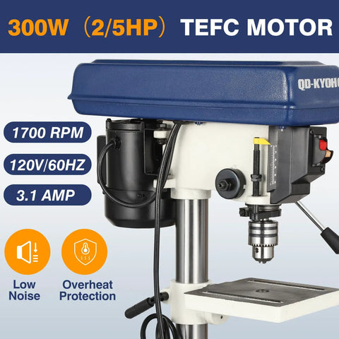Kickass 8 Inch Benchtop Drill Press With Heavy Duty Cast Iron Head And 5 Variable Speed Settings Up To 3100 Rpm Plus Tilting Height Adjustable Work Table For Home Shop Projects featuring a sturdy 300W TEFC motor.