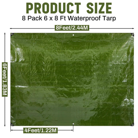 8 Pack Camping Tarps 6x8 Ft Waterproof 5.5 Mil Heavy Duty Ground Cover Rain Shelter army green tarp dimensions shown