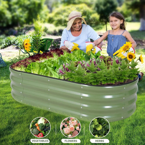 Galvanized Steel Raised Garden Beds Kit Outdoor Two Piece Planter Box Set With Gloves Safe Edge Design Easy Assembly Great For Vegetables Flowers And Herbs 4x2x1Ft Green shown with plants in garden