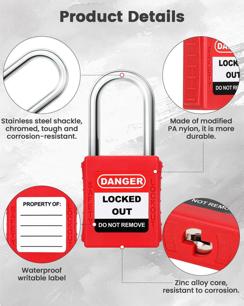 Lockout Tagout Kit For Electrical Safety, OSHA Compliant Industrial Lockout Set With 2 Padlocks, 1 Hasp, 2 Breaker Locks, Tags, And Portable Waist Bag For Safe Maintenance And Energy Isolation, showing red lock details.
