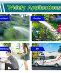 Collage showing diverse uses: watering farmland, garden, car washing, RV, emphasizing 12V 45 PSI Diaphragm RV Water Pump versatility.