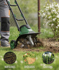 Powerful 14 Inch Electric Tiller Cultivator With 10 Amp Motor during use in a garden, preparing soil with steel tines.