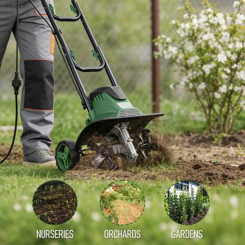 Powerful 14 Inch Electric Tiller Cultivator With 10 Amp Motor during use in a garden, preparing soil with steel tines.