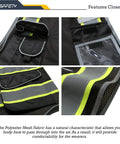 9 Pocket Hi Vis Safety Vest With Zip Front Mesh in black, dual tone reflective strips, close-up of 9 pockets, breathable material.