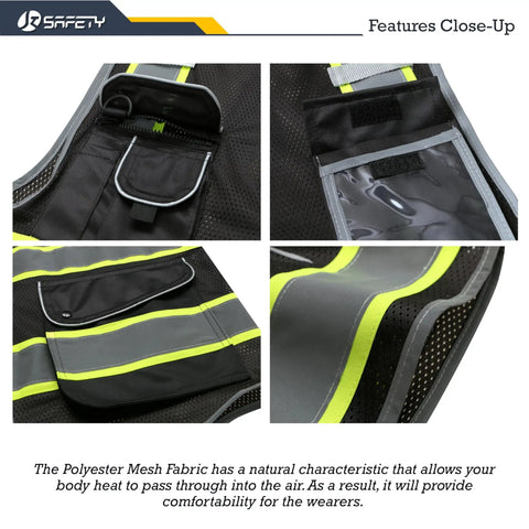 9 Pocket Hi Vis Safety Vest With Zip Front Mesh in black, dual tone reflective strips, close-up of 9 pockets, breathable material.
