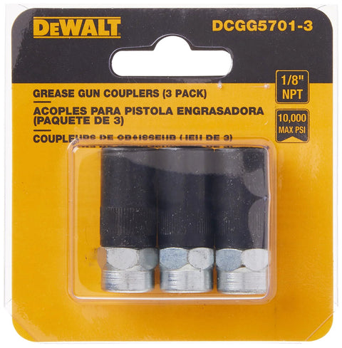 DeWalt grease gun couplers (3-pack), 1/8 in NPT, black plastic bodies with silver ends