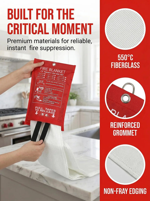 Heavy Duty Fiberglass Emergency Fire Blanket in red pouch, ready to smother kitchen grease fires and ensure safety.