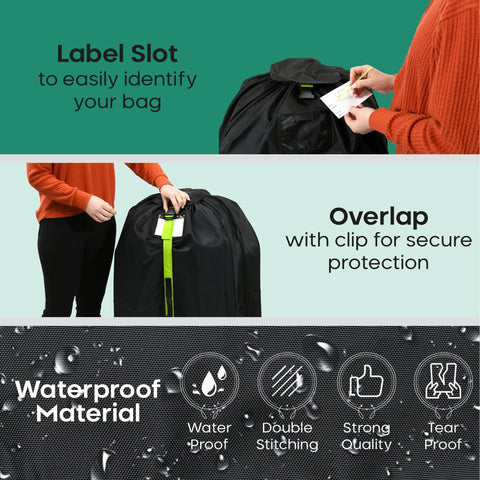 Large Stroller Travel Bag For Airplane Use waterproof nylon construction showing label slot, clip overlap, and waterproof material.