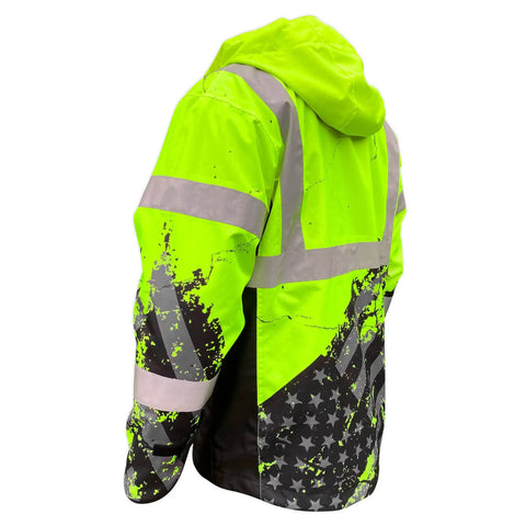 Hi Vis Rain Jacket For Men With Waterproof Shell And Mesh Lining, Drawcord Hood And Hem, Class 3 Type R, ANSI ISEA 107-2015, Yellow, X Large