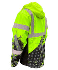 Hi Vis Rain Jacket For Men With Class 3 Type R ANSI ISEA 107 2015 Waterproof Nylon Shell Mesh Lining Drawcord Hood And Hem Yellow 3X Large Windproof Construction And Outdoor Work Gear, back view with reflective stripes and pattern.